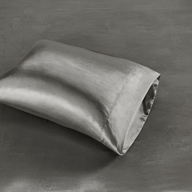 Madison Park Essentials Satin Sheet Set Luxury and Silky with Natural Sheen, Elastic 14" Pocket fits up to 16" Mattress, All Around Elastic - Year-Round Bedding, Full, Grey, 6 Piece - Image 3